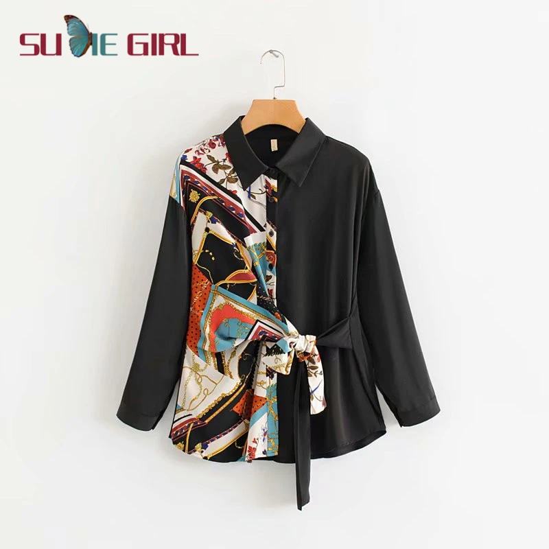 SUDIE Girl Stitching fashion all-match slim casual chain tie shirt top, ladies lapel long sleeves
SUDIE Girl Stitching fashion all-match slim casual chain tie shirt top, ladies lapel long sleeves