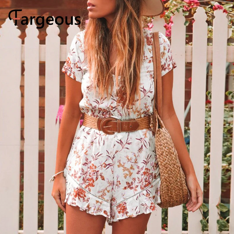 Fargeous summer femme sexy playsuits floral hollow button ruffles beach women romper plus size ladies short jumpsuit rompers | Женская