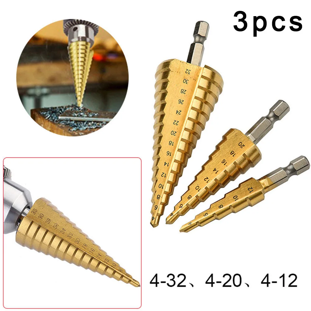 Steel Step Cone Drill Metal Hole Cutter 4-32/20/12mm Large Golden 3PCS