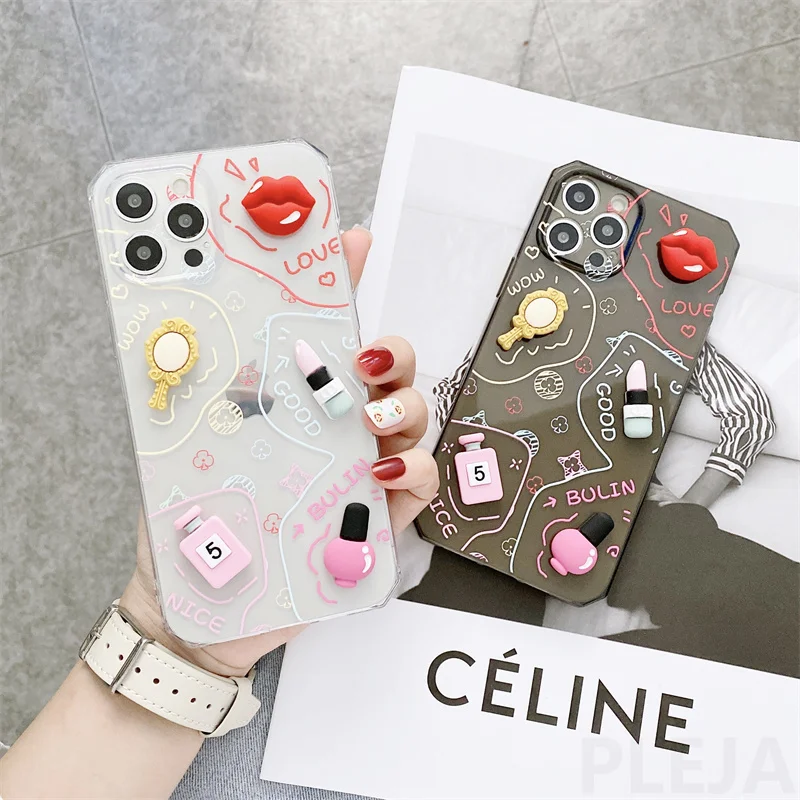 3D Cute Woman Cosmetics Phone Case For iPhone XS 12 mini 11 Pro Max 7 8 Plus X XR SE 2020 Protection Capa Transparent Soft Cover | Мобильные