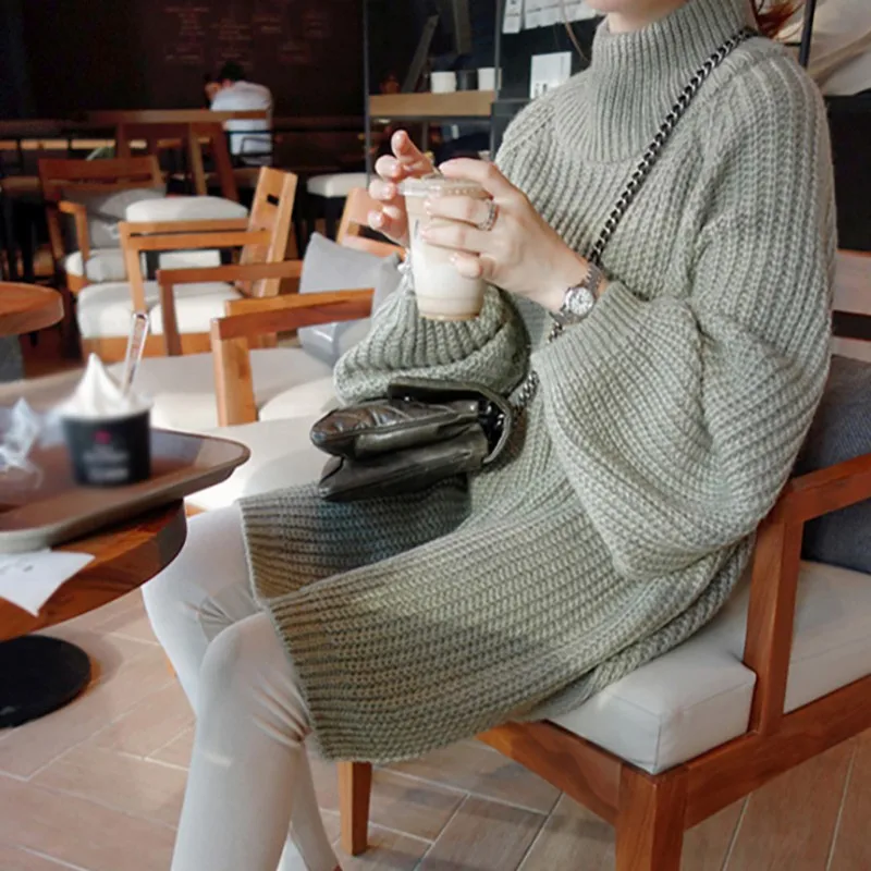 Женский длинный вязаный свитер с высоким воротником прочный фонарь боковыми
