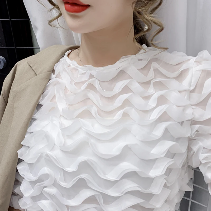 Women Blouse Niche Temperament Mesh Blouse 2021 New Summer Chiffon Shirts Solid Blue Tops Round Collar Clothes Blusas 14464
Women Blouse Niche Temperament Mesh Blouse 2021 New Summer Chiffon Shirts Solid Blue Tops Round Collar Clothes Blusas 14464