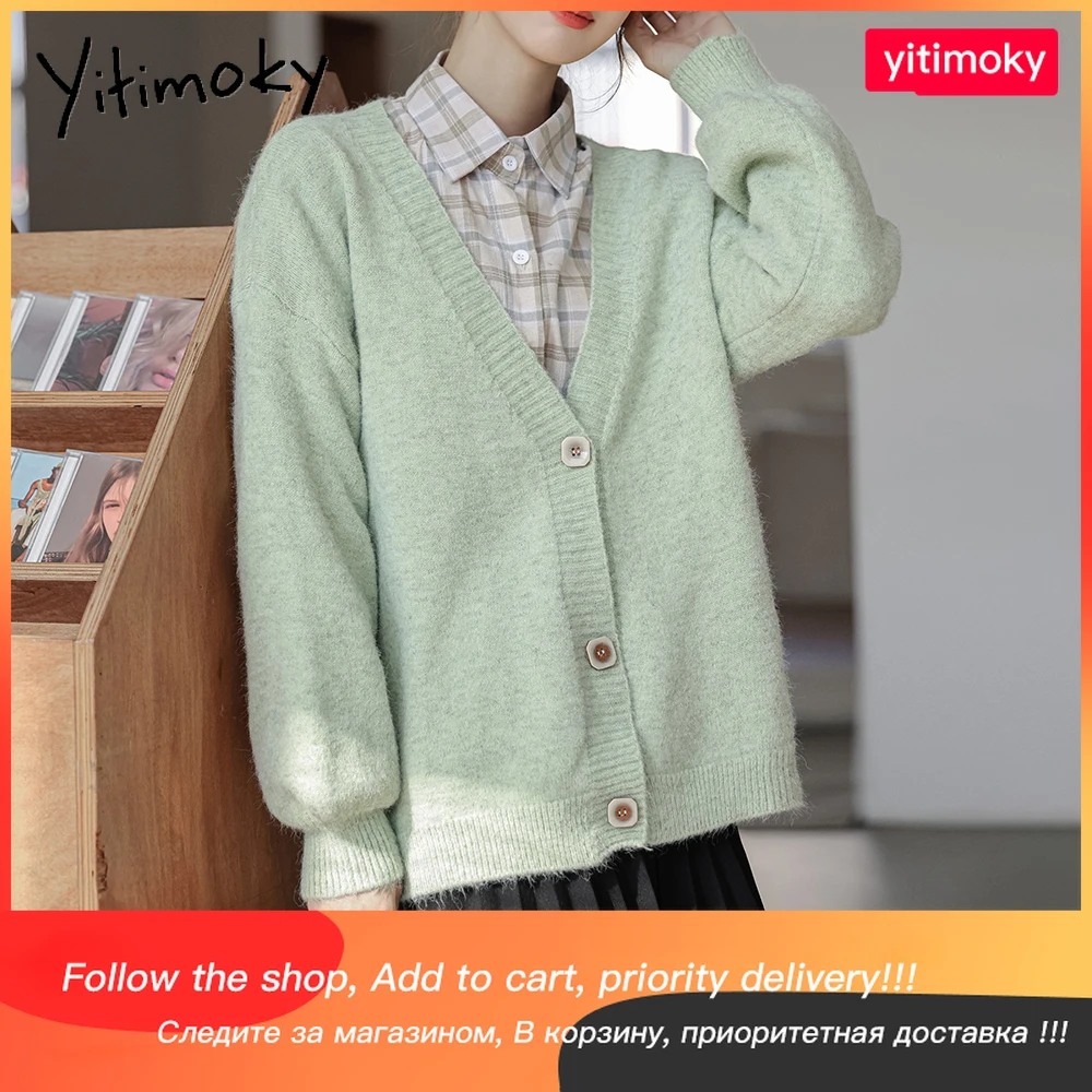 Женский вязаный кардиган Yitimoky, однотонный зеленый свитер с V-образным вырезом, модная однобортная верхняя одежда в Корейском стиле, осень 2021
Женский вязаный кардиган Yitimoky, однотонный зеленый свитер с V-образным вырезом, модная однобортная верхняя одежда в Корейском стиле, осень 2021