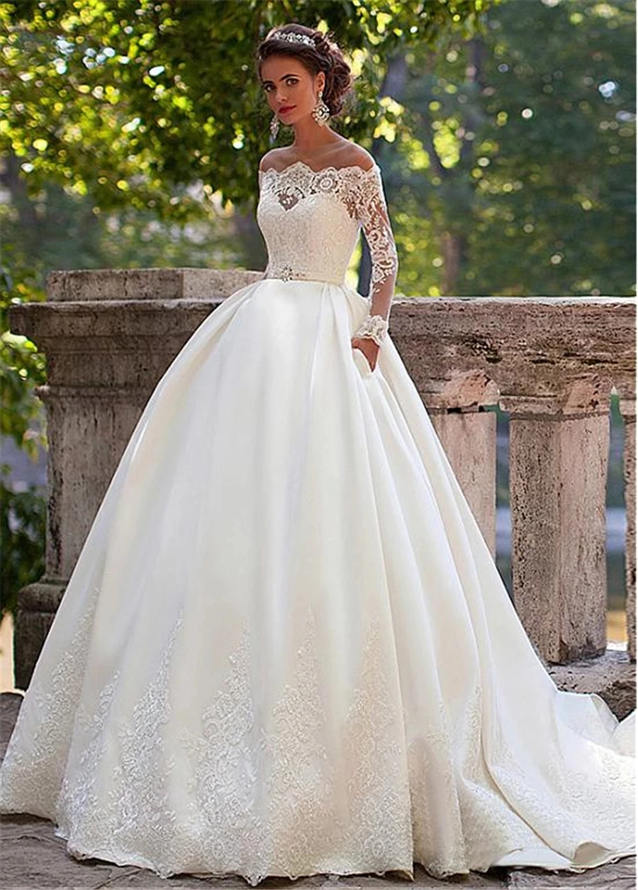 GY New Satin Tulle With Applique Lace Sweep Train Long Sleeve Wedding Dresses A-line With Pocket vestido de noiva
GY New Satin Tulle With Applique Lace Sweep Train Long Sleeve Wedding Dresses A-line With Pocket vestido de noiva