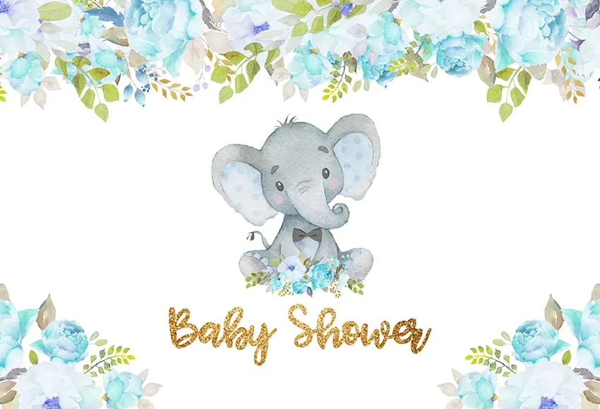 

7x5ft Gold Baby Shower Party Blue Boy Elephant Flowers Leaves Custom Photo Studio Background Backdrop Vinyl Banner 220cm x 150cm