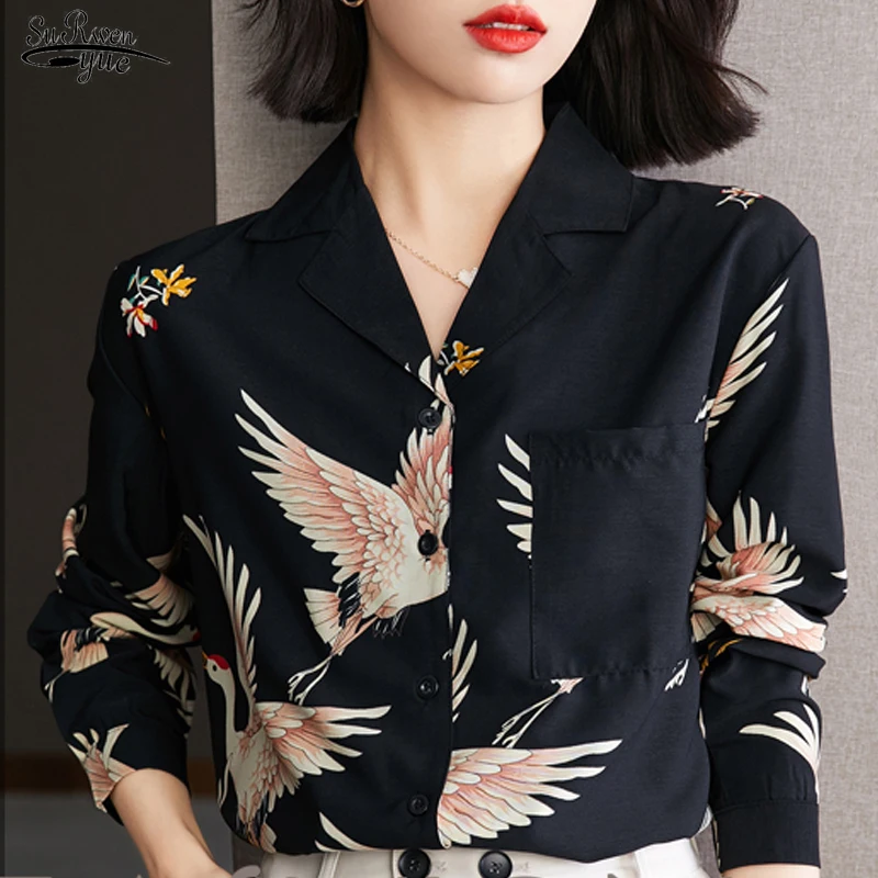 Elegant Long Sleeve Casual Shirt Ladies 2022 Crane Printed Shirt Women Retro Top Polo Collar Women Clothes Chemisier Femme 16207
Elegant Long Sleeve Casual Shirt Ladies 2022 Crane Printed Shirt Women Retro Top Polo Collar Women Clothes Chemisier Femme 16207