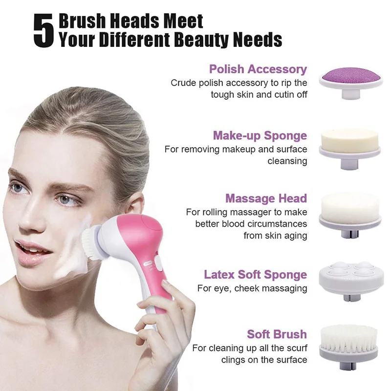 

5-In-1 Beauty Electric Facial Cleansing Face Spin Brush,Blackhead Remover Face Brush Exfoliating Reduce Oil Acne Skin Scrubber.