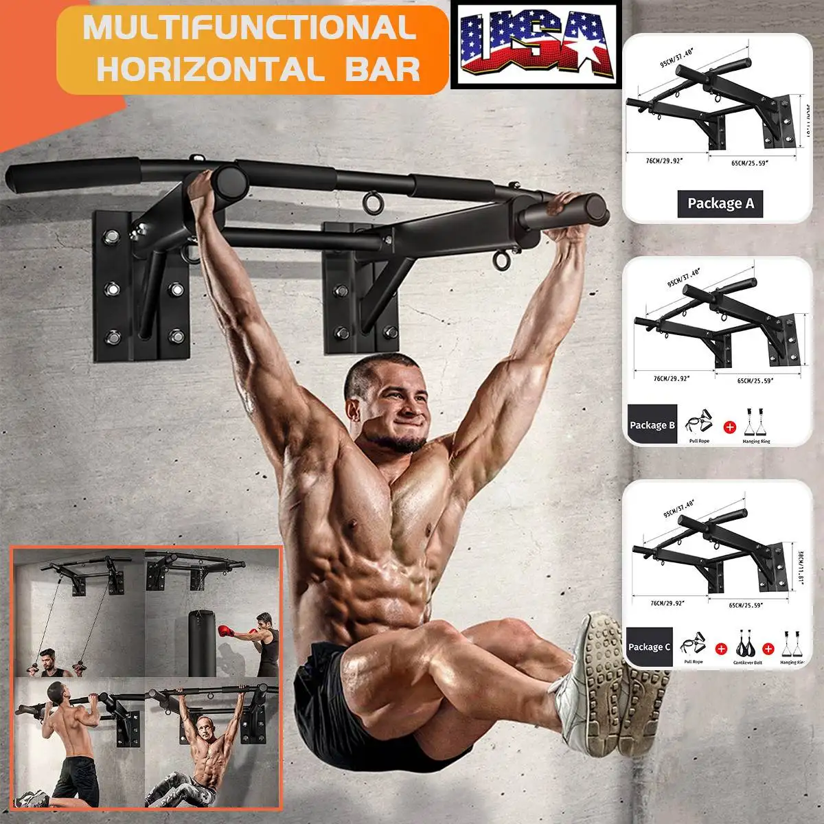 

US Stock Wall Pull-up Bar Horizontal Pull Up Bar Wall Mounted Dip Station Exercise Training Hang Ring Home Gym Fitness Equipment