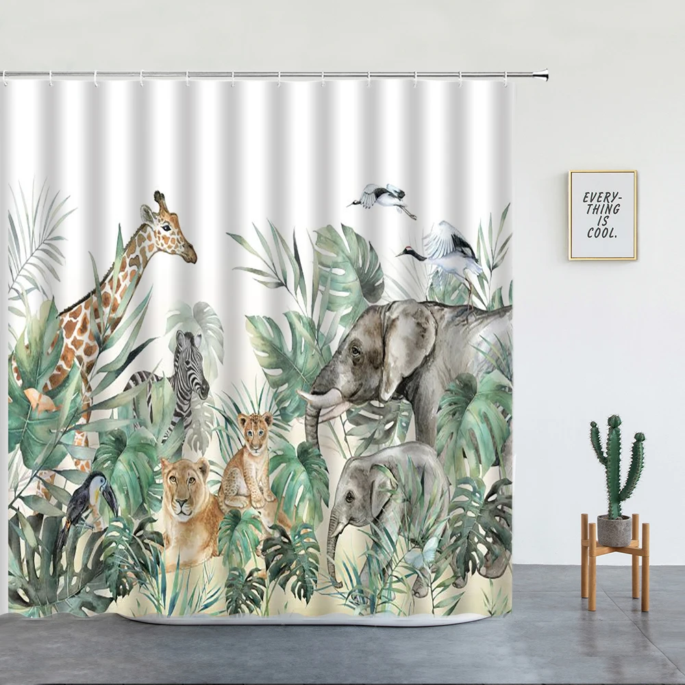 

Elephant Giraffe Lion Zebra Shower Curtains Animal Tropical Green Plant Palm Tree Leaves Bathroom Decor Bathtub Screen With Hook