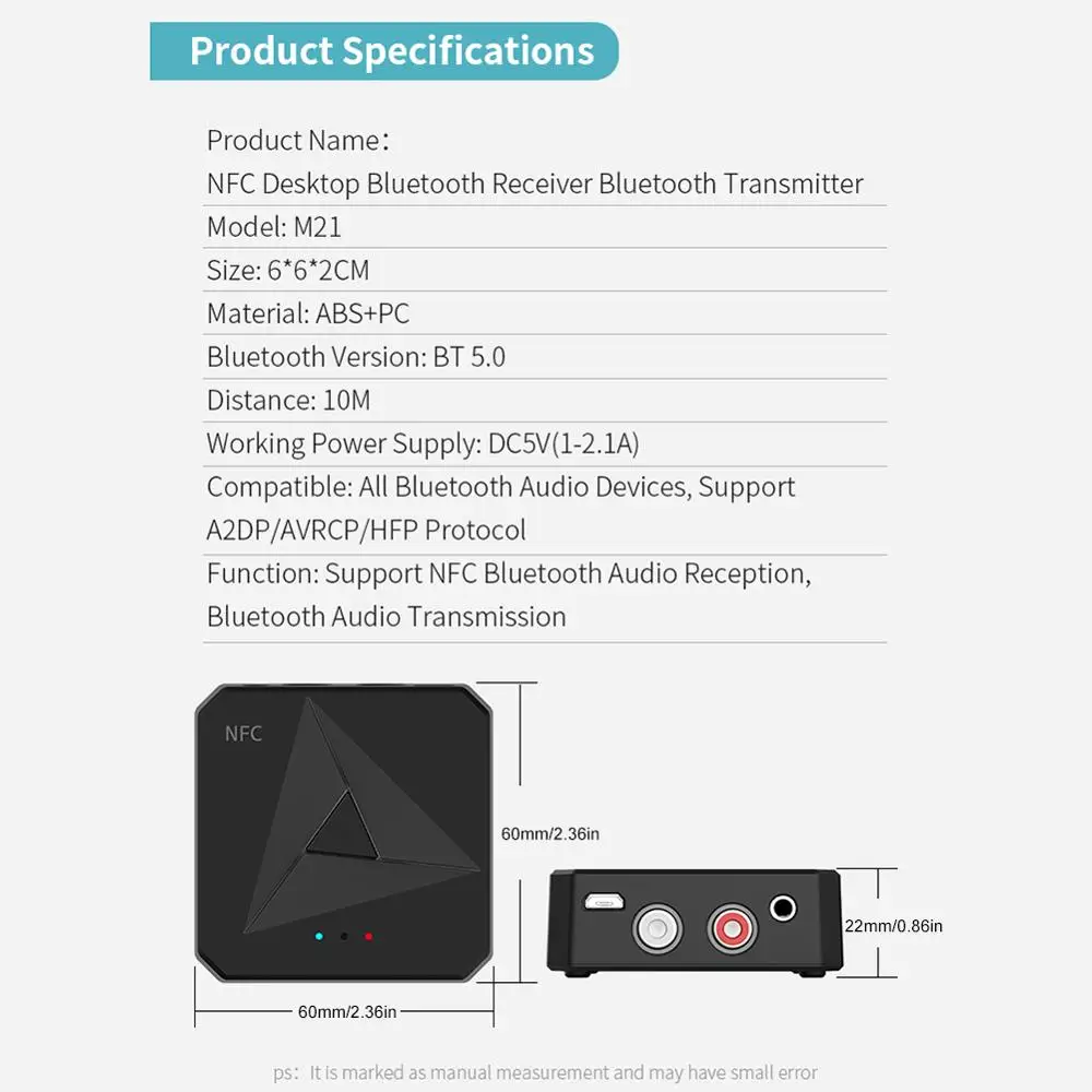 Bluetooth Adapter BT5.0 Transmitter and Receiver NFC-Enabled Bluetooth Audio Adapter RCA and Car Stereo 3.5mm AUX Input/Output
Bluetooth Adapter BT5.0 Transmitter and Receiver NFC-Enabled Bluetooth Audio Adapter RCA and Car Stereo 3.5mm AUX Input/Output
