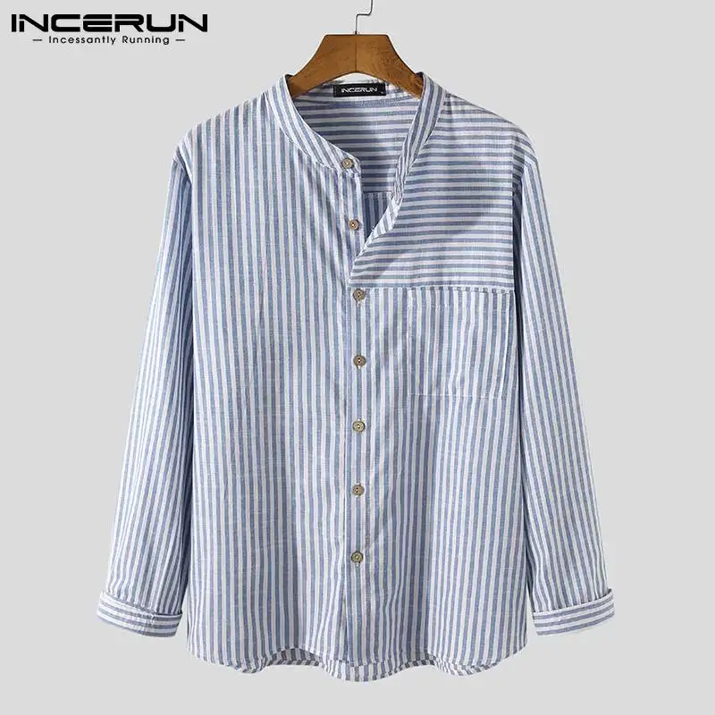 

Spring Pockets Chemise Masculina INCERUN Men Leisure Striped Shirt Long Sleeve Stand Collar Blouse Man Casual Buttons Camisa 5XL