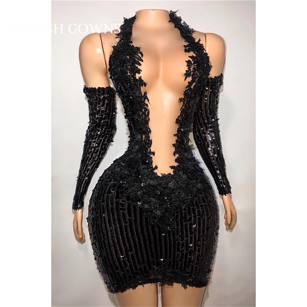 Sexy Black Halter Short Prom Dress Appliques Sequined Birthday Party Dresses African Mini Cocktail Gown See Through Custom Made 
Sexy Black Halter Short Prom Dress Appliques Sequined Birthday Party Dresses African Mini Cocktail Gown See Through Custom Made