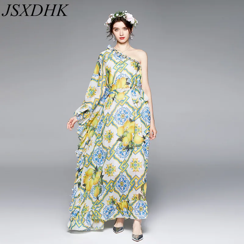 Elegant Summer One-Shoulder Boho Holiday Long Dress Women Batwing Sleeve Flower Print Chiffon Ruffles Lace Up Maxi Robe Dress
Elegant Summer One-Shoulder Boho Holiday Long Dress Women Batwing Sleeve Flower Print Chiffon Ruffles Lace Up Maxi Robe Dress