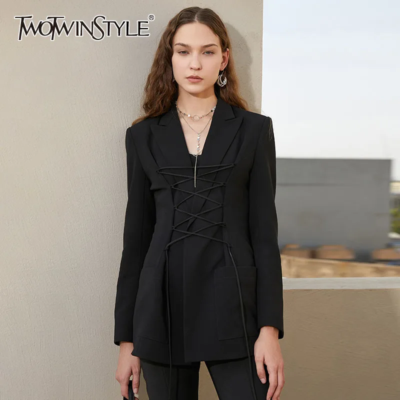 TWOTWINSTYLE Black Blazer For Women Lapel Long Sleeve Designer Bandage Solid Blazers Females Fashion Clothing 2021 Summer Style
TWOTWINSTYLE Black Blazer For Women Lapel Long Sleeve Designer Bandage Solid Blazers Females Fashion Clothing 2021 Summer Style