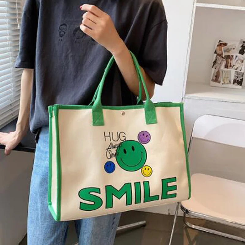 Women Casual Canvas Shoulder Bag Large Capacity Handbag Cute Smile Shopping Tote Bag Fashion Shopper Bags
Women Casual Canvas Shoulder Bag Large Capacity Handbag Cute Smile Shopping Tote Bag Fashion Shopper Bags