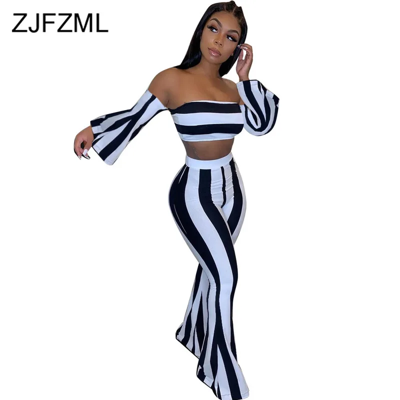 Black White Striped Sexy Two Piece Set Tracksuit Women Off Shoulder Flare Sleeve Crop Top+Bell Bottomed Pant Autumn Club Outfit
Black White Striped Sexy Two Piece Set Tracksuit Women Off Shoulder Flare Sleeve Crop Top+Bell Bottomed Pant Autumn Club Outfit