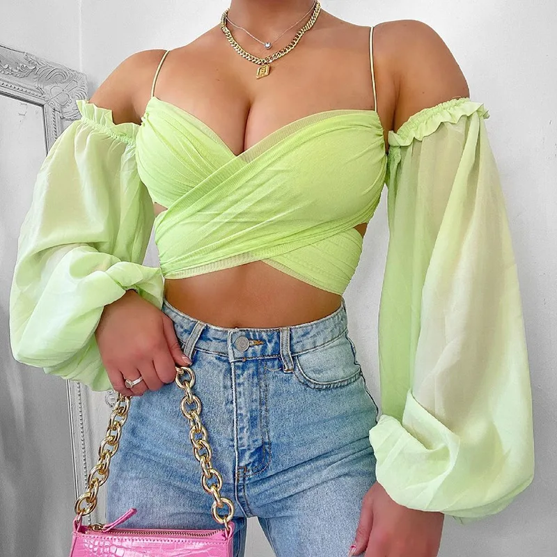 2021 Summer Women T-shirt Tops Off Shoulder V Neck Lantern Sleeve Cross Camis Mesh Shirts Sexy Fashion Ladies Crop Tops
2021 Summer Women T-shirt Tops Off Shoulder V Neck Lantern Sleeve Cross Camis Mesh Shirts Sexy Fashion Ladies Crop Tops