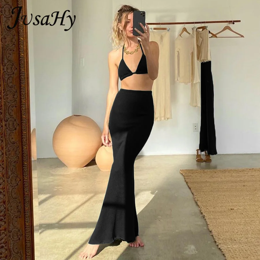 JusaHy Summer Solid Two Piece Set Women Sexy V-Neck Halter Crop Top Bra+Long Skirts Matching Suit Female Casual Streetwear Hot 
JusaHy Summer Solid Two Piece Set Women Sexy V-Neck Halter Crop Top Bra+Long Skirts Matching Suit Female Casual Streetwear Hot