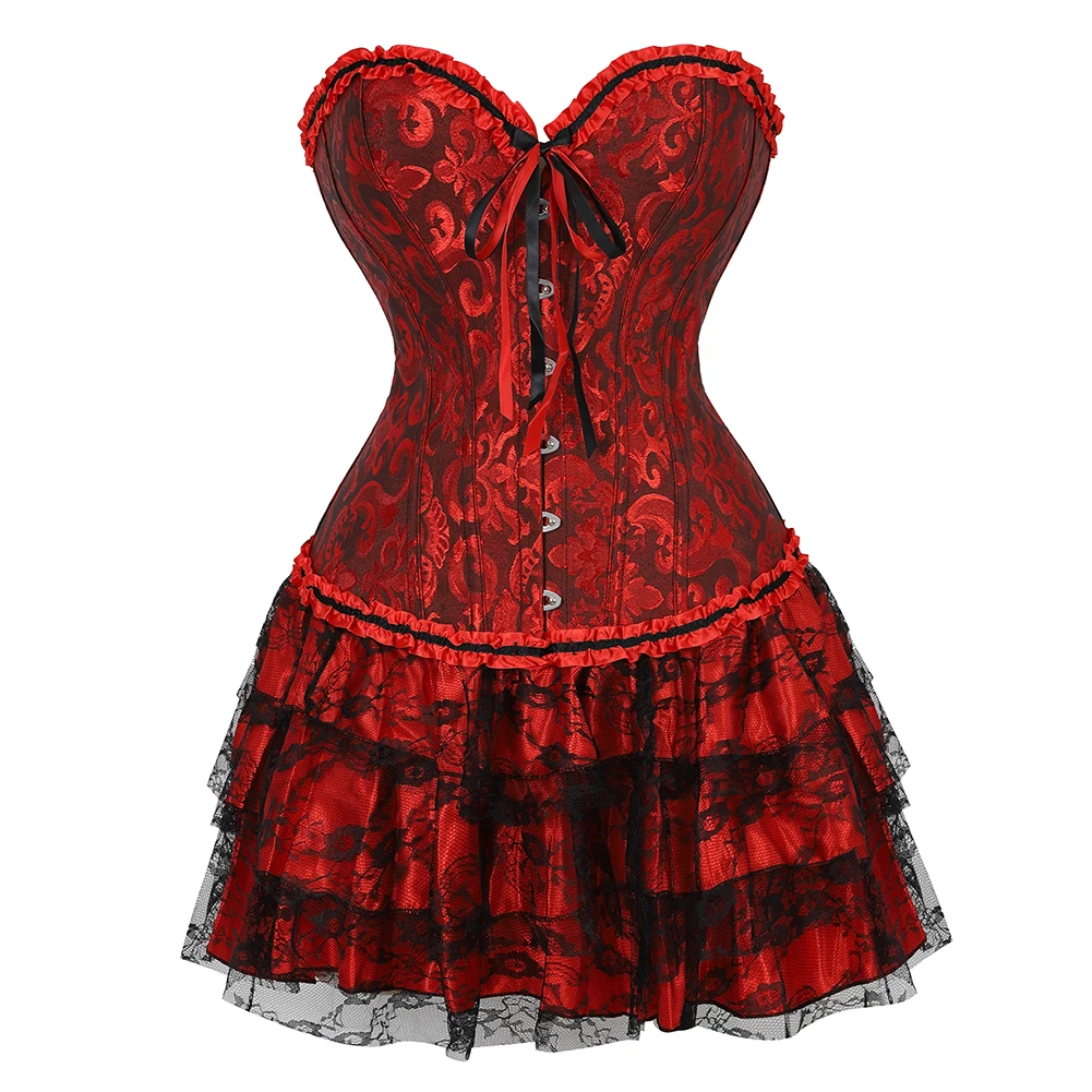 

Showgirl's Sexy Corset Dresses Lace Up Overbust Corsets with Tutu Skirt Vintage Lace Floral Corsets Bustiers Dancing Costume Red