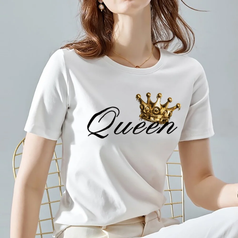 Women Tshirts Summer Queen Crown Pattern Print Female Tops Tee Casual Black and White Basis Ladies T-shirt Clothing | Женская одежда