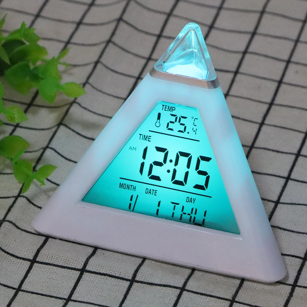 

New Digital Alarm Clock Thermometer Backlight Change Clock Perpetual Calendar Colorful Cone Pyramid Style Home Decoration Random