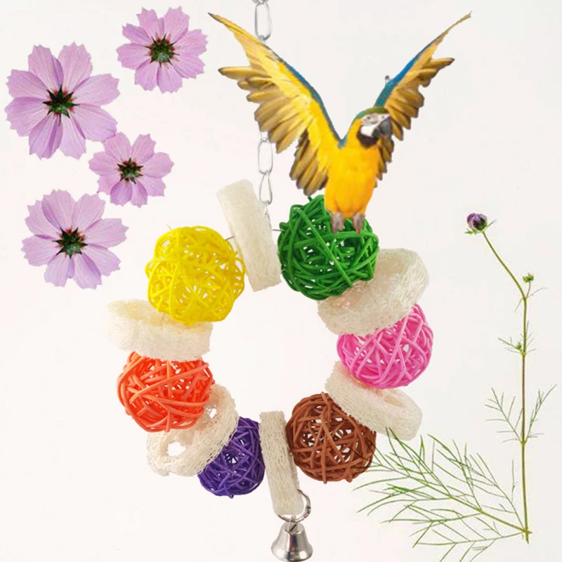 1 Pcs Parrot Bird toy Rattan Balls string loofah bite with Bells Parakeet Cockatiel Climb Chewing Bird Cage Accessories Supplies 
1 Pcs Parrot Bird toy Rattan Balls string loofah bite with Bells Parakeet Cockatiel Climb Chewing Bird Cage Accessories Supplies