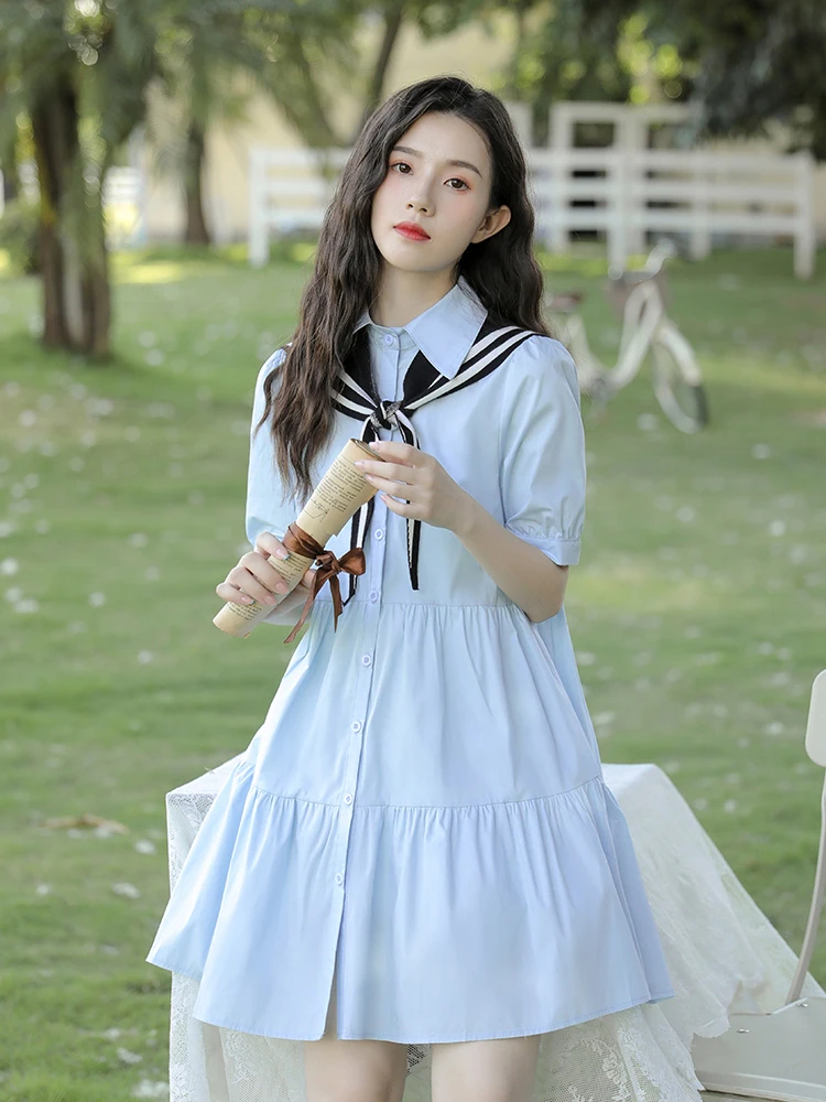 College Style First Love A-line Skirt Female Summer Shirt Dress Sweet French Puff Sleeve Dress New High Waist Polo Collar 
College Style First Love A-line Skirt Female Summer Shirt Dress Sweet French Puff Sleeve Dress New High Waist Polo Collar
