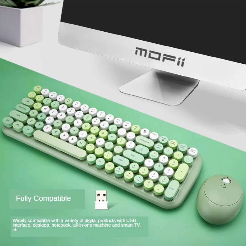 Клавиатура и мышь беспроводные зеленые набор из круглых клавиш мыши для офиса