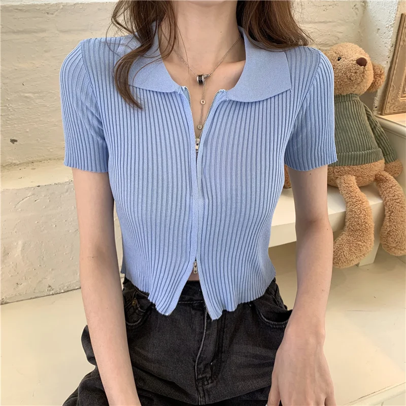 Spring and Summer New Sexy Zipper Sweater Short Bare Midriff Slim Fit Slimming Cardigan Lapel Niche Short Sleeve Top for Women
Spring and Summer New Sexy Zipper Sweater Short Bare Midriff Slim Fit Slimming Cardigan Lapel Niche Short Sleeve Top for Women