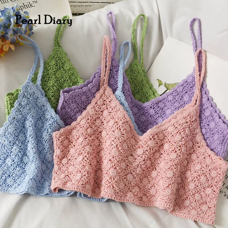 

Pearl Diary Women Crochet Cotton Crop Tops Spaghetti Strap Openwork V Neck Sexy Tops Candy Color Beach Sweet Knit Top For Girls