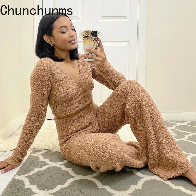 Women's Flannel Autumn Winter 2021 Solid Long-sleeved Lace Up Cropped Top Straight Trouser Woman Set 2 Piece V-neck Shirt Pants
Women's Flannel Autumn Winter 2021 Solid Long-sleeved Lace Up Cropped Top Straight Trouser Woman Set 2 Piece V-neck Shirt Pants