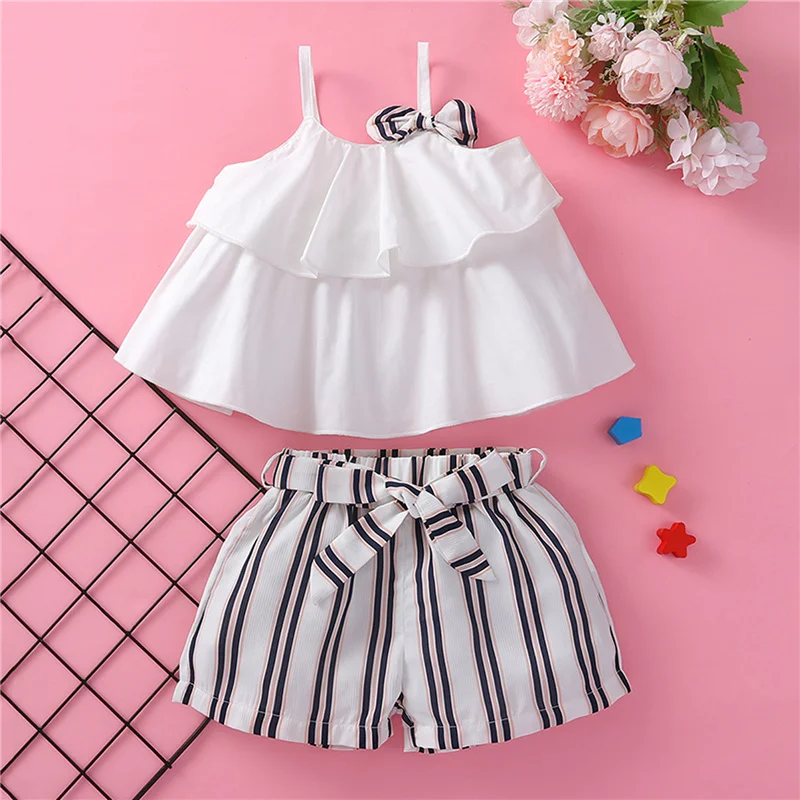Girls Casual Two-piece Clothes Set, White U-shaped Collar Ruffled Layered Camisole and Stripe Printed Pattern Shorts
Girls Casual Two-piece Clothes Set, White U-shaped Collar Ruffled Layered Camisole and Stripe Printed Pattern Shorts