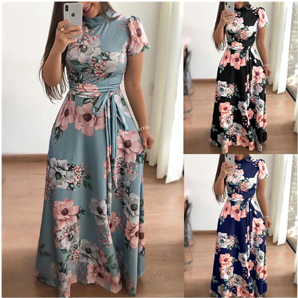 Женское богемное платье-макси с цветочным принтом, круглым вырезом и коротким рукавом 
Женское богемное платье-макси с цветочным принтом, круглым вырезом и коротким рукавом