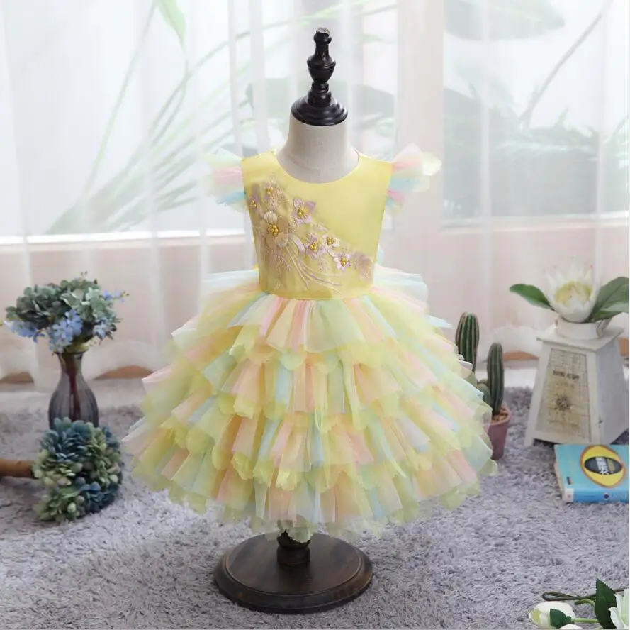 

Girls Rainbow Embroidery Princess Dress Cake Layers Tutu Prom Gown For Kids Baby Wedding Evening Formal Party Pageant Vestidos