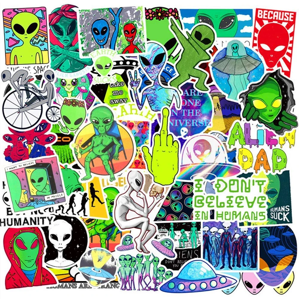 

10/30/50PCS Cool Aliens UFO Stickers Aesthetic Laptop Bicycle Skateboard Waterproof Graffiti Decal ET UFO Sticker Packs Kid Toy