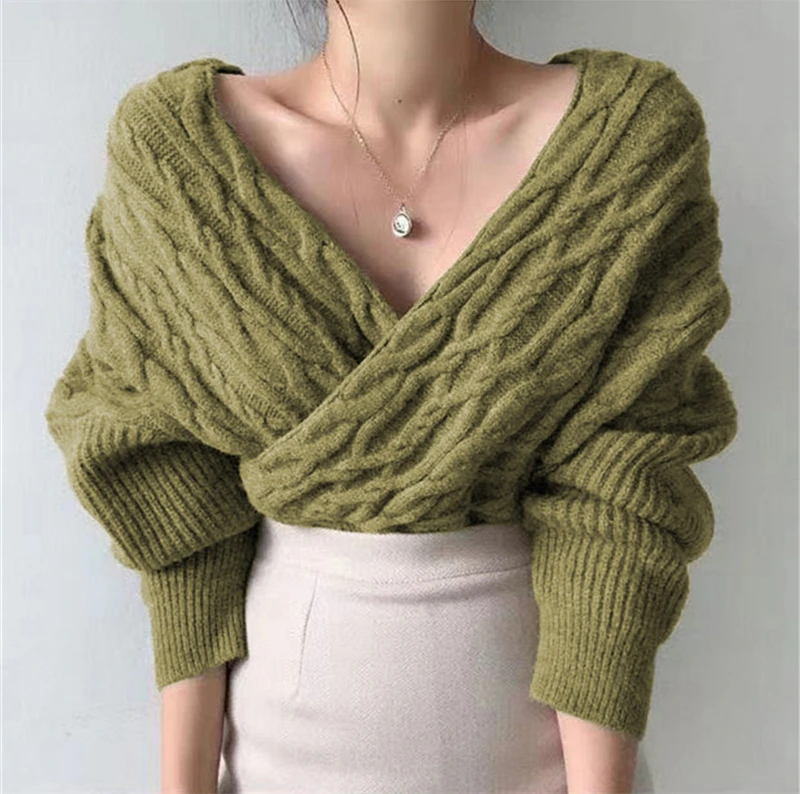 

Vintage Large Deep V-neck Autumn Winter Women's Wear Plain Sweater Knitted Twist Shape Female Sexy Bishop Sleeve Pullover