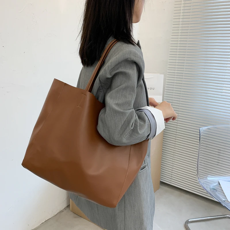 

Вместительная сумка для женщин, простой классический портфель из искусственной кожи на ремне для покупок, винтажные повседневные однотонные дамские сумочки-тоуты