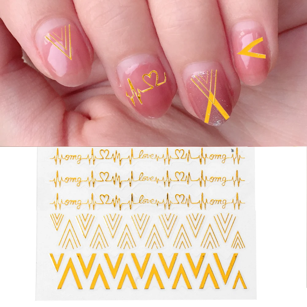 

3D золотая линия сердцебиение дизайн ногтей Маникюрные наклейки DIY украшения для ногтей наклейки слайдер Декор фольга оптовая продажа