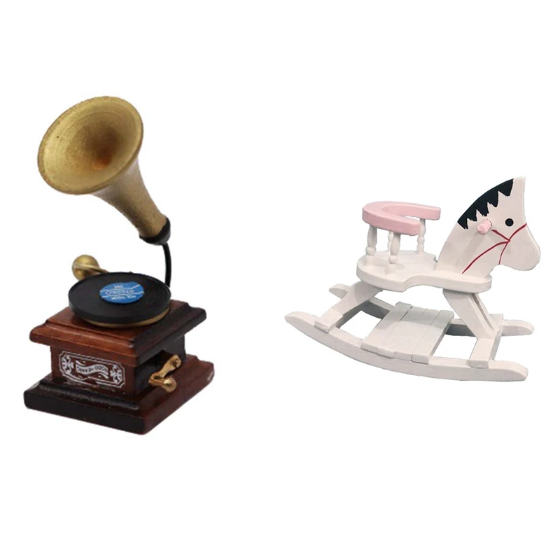 

1:12 Dollhouse Miniature White Wooden Mini Rocking With ​1:12 Dollhouse Miniature Furniture Vintage Phonograph