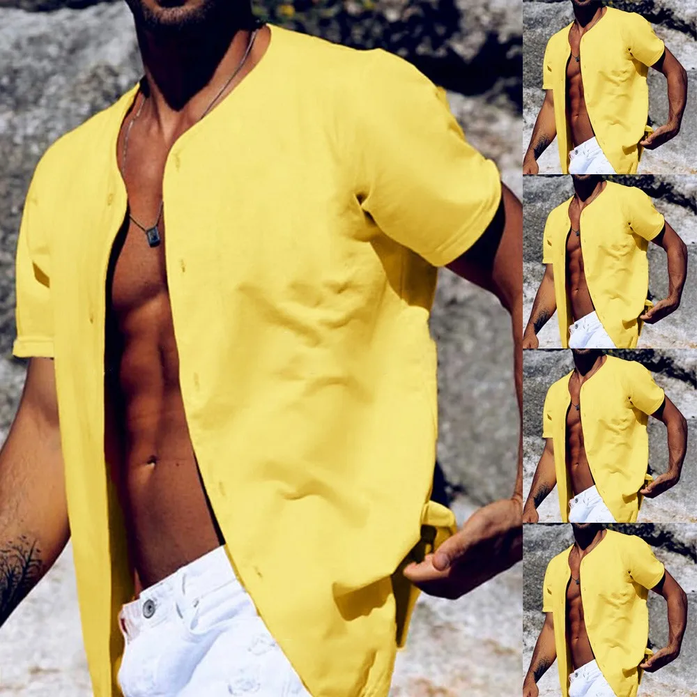 2021 New Mens Casual Stand Collar Shirt Short Sleeve Loose Collarless Holiday Blouse Top Yellow T-shirt
2021 New Mens Casual Stand Collar Shirt Short Sleeve Loose Collarless Holiday Blouse Top Yellow T-shirt