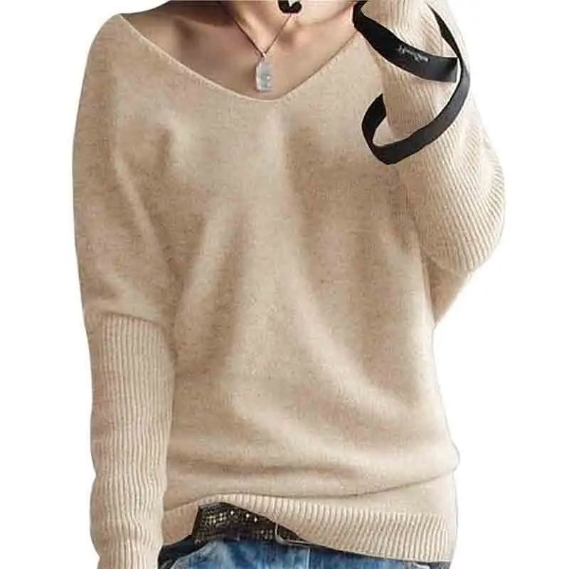 

Frauen V-ausschnitt Wolle Herbst Winter Lange Pullover Lose Weiche Stricken Jumper Weibliche Pullover Sexy Kaschmir Pullover