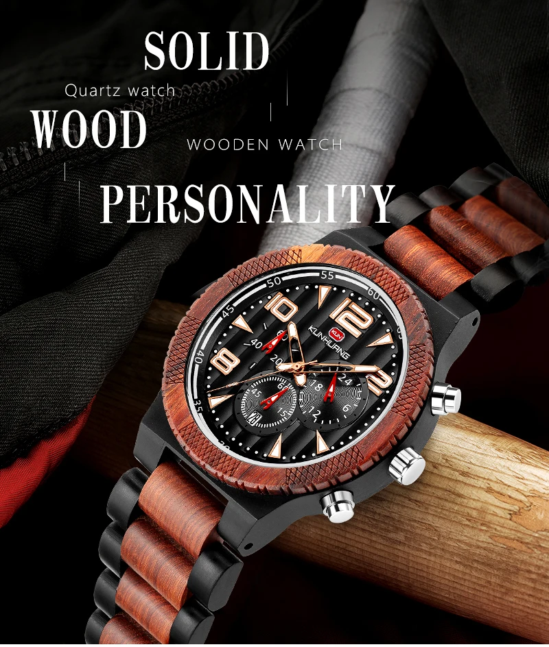 Personality Wooden Quartz Watches Exquisite Workmanship Fashion Multifunctional Dial Design Chronograph Date Luminous KH1016 
Personality Wooden Quartz Watches Exquisite Workmanship Fashion Multifunctional Dial Design Chronograph Date Luminous KH1016