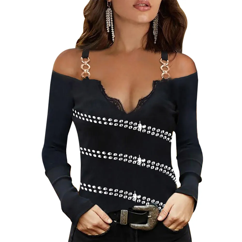 Women Sexy Cold Shoulder Sequins Strap Tops Long Sleeve T-Shirt Lace Patchwork V Neck Autumn Solid Lady Casual Female Pullover
Women Sexy Cold Shoulder Sequins Strap Tops Long Sleeve T-Shirt Lace Patchwork V Neck Autumn Solid Lady Casual Female Pullover