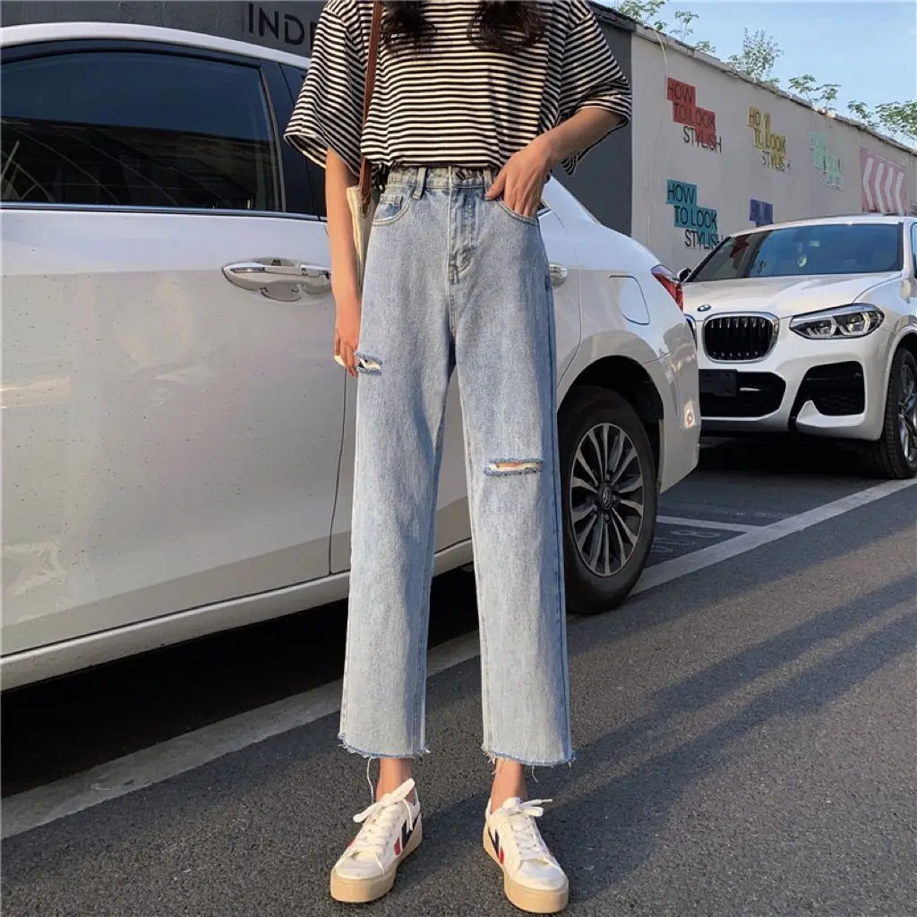2021 summer holed high waist jeans women's straight tube wide leg loose and thin