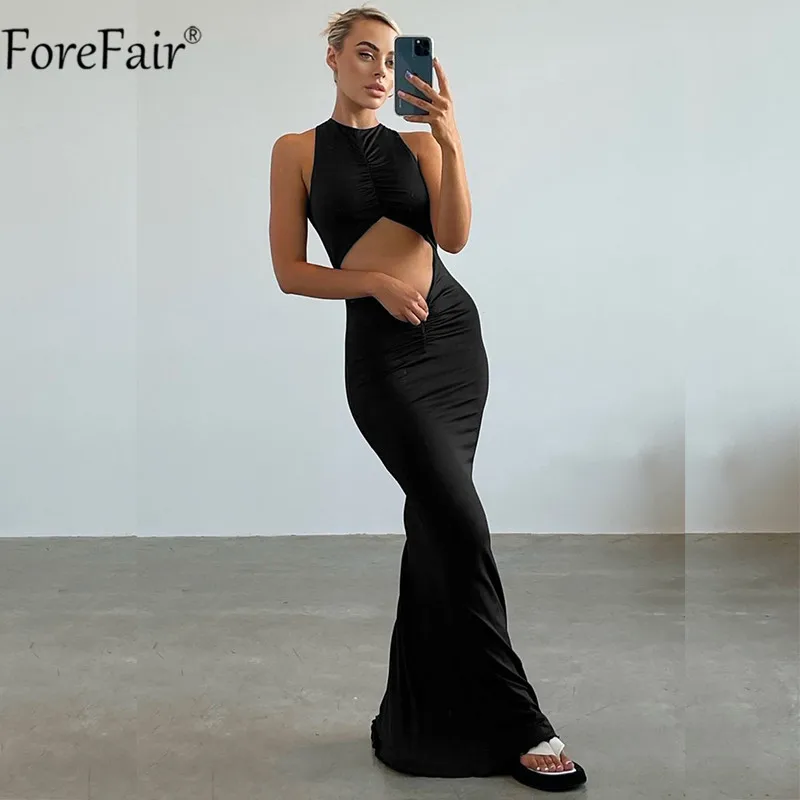 Женское пляжное облегающее платье Forefair синее ажурное макси с открытыми плечами и