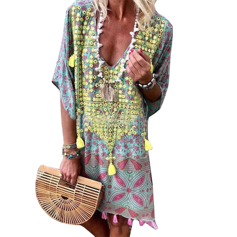 Loose Print Short Dress 2021 Casual Women's Summer Sundress Holiday Bohemian Tassel Robe V Neck Half Sleeve Vestidos Plus Size
Loose Print Short Dress 2021 Casual Women's Summer Sundress Holiday Bohemian Tassel Robe V Neck Half Sleeve Vestidos Plus Size