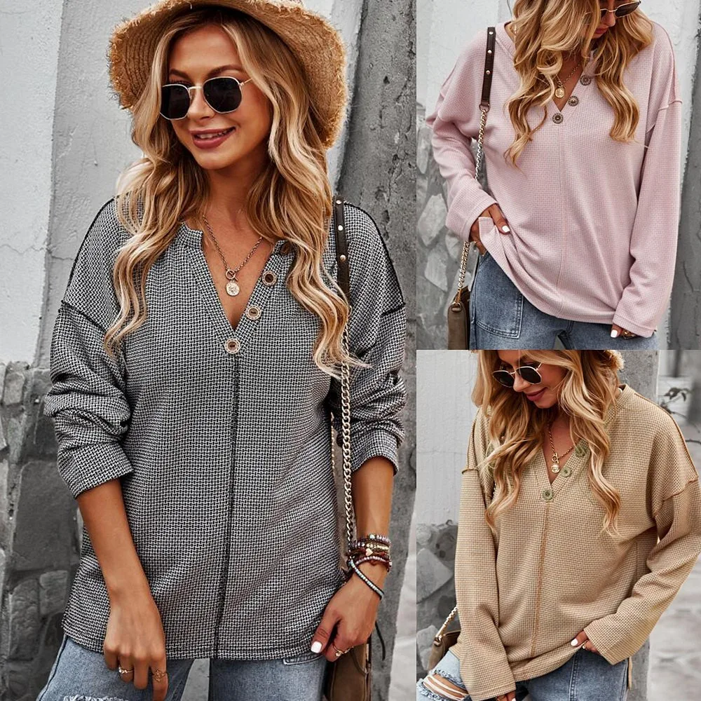 Women Autumn Jacquard Sexy V Neck Button Tops Long Sleeve Loose Fashion Casual Female Pullover Basic Women Sweatshirt Vintage
Women Autumn Jacquard Sexy V Neck Button Tops Long Sleeve Loose Fashion Casual Female Pullover Basic Women Sweatshirt Vintage