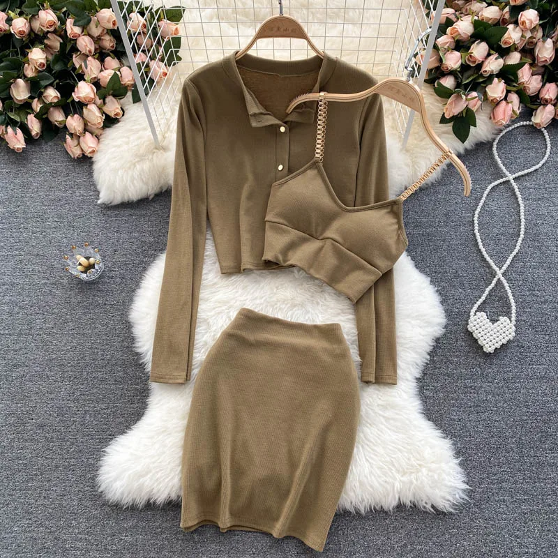 Autumn Casual Brown/Gray Three Piece Set For Women O-Neck Single Breasted Cardigans + Camis + High Waist Mini Skirt Suits 2021
Autumn Casual Brown/Gray Three Piece Set For Women O-Neck Single Breasted Cardigans + Camis + High Waist Mini Skirt Suits 2021