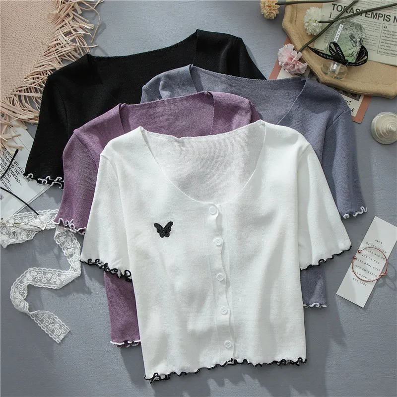 HELIAR Women Summer Butterfly Embroidry T-shirts Women Buttons Flounce Hem Tops For Women Kniitted T-Shirts 2021 Summer
HELIAR Women Summer Butterfly Embroidry T-shirts Women Buttons Flounce Hem Tops For Women Kniitted T-Shirts 2021 Summer