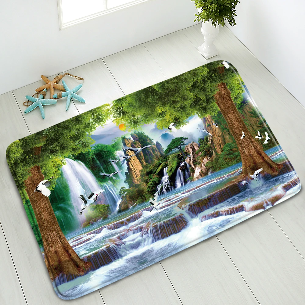 

Waterfall Non-Slip Bathroom Mat Natural Scenery Green Forest Plants Flowers Swan Bird Bedroom Kitchen Doormat Absorbent Carpet